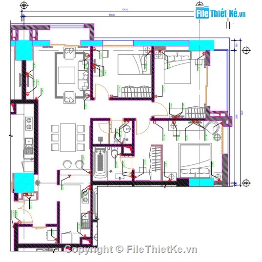 File cad,chung cư,cấp điện,bố trí điện nội thất,sơ đồ điện chung cư